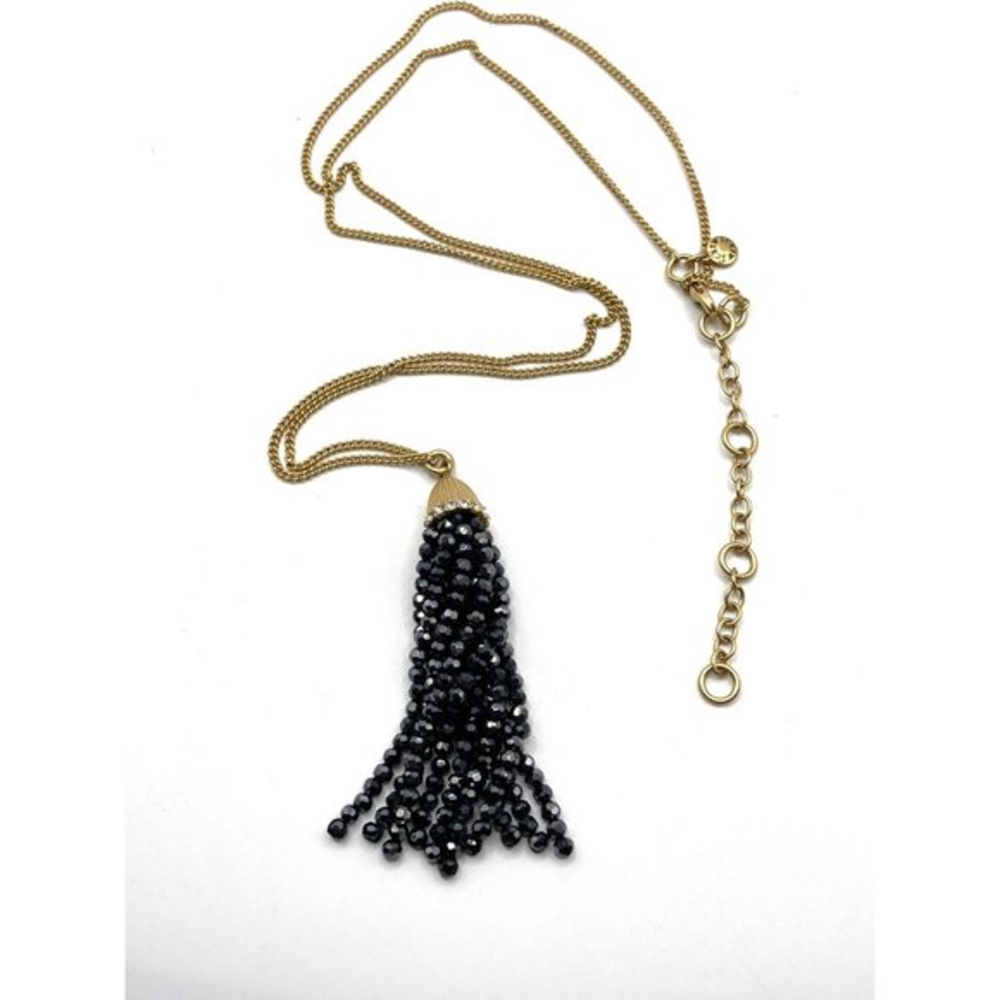 J. Crew Layer Necklace‎ Black  crystal bead tassel pendant 32"